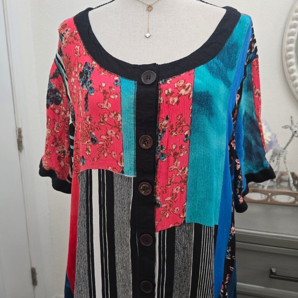 LA CERA Patchwork Button Dress XL Boho Artsy Short Sleeve Lagenlook Bohemian - Picture 3 of 10